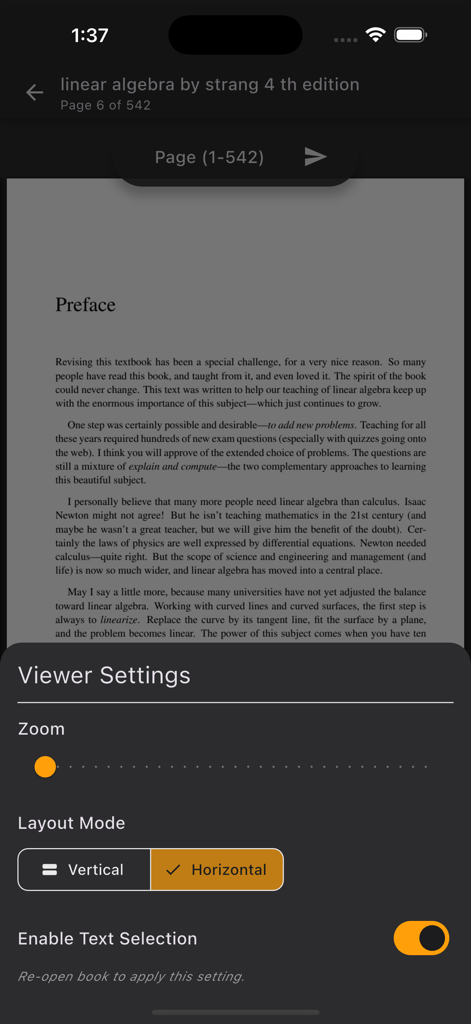 PDF Voice Reader TTS Audiobook - Viewer settings in PDF Voice Reader showing zoom and layout options