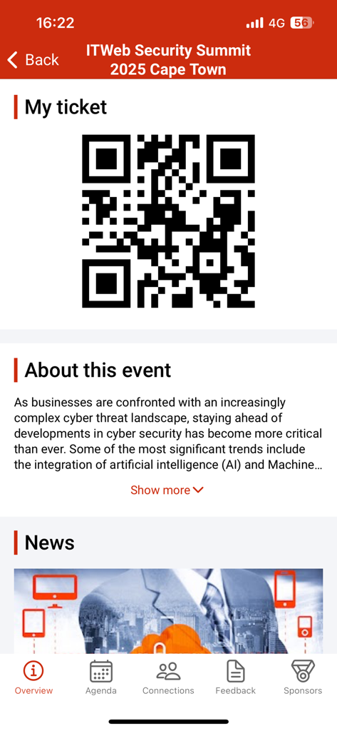 ITWeb - ITWebモバイルアプリのインターフェースが、ITWeb Security Summit 2025イベントのQRコード付きデジタルチケットを表示している様子