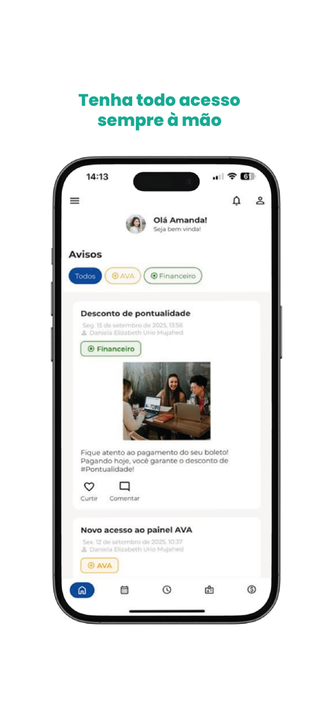 Painel do aplicativo móvel UNIFAA exibindo avisos de estudantes e comunicados acadêmicos