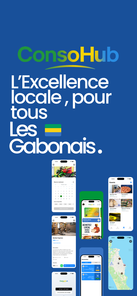 ConsoHub - ConsoHub promotional banner showing various iPhone screens for booking local services, a favorites list, and a map view.