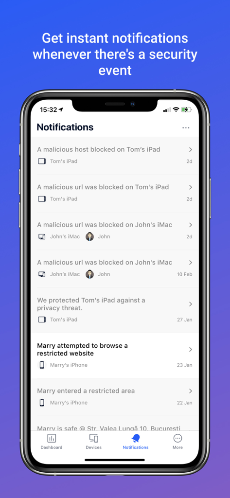 L'écran de notifications de l'application Bitdefender Central affiche les alertes de sécurité et les journaux de contrôle parental pour les appareils familiaux connectés.