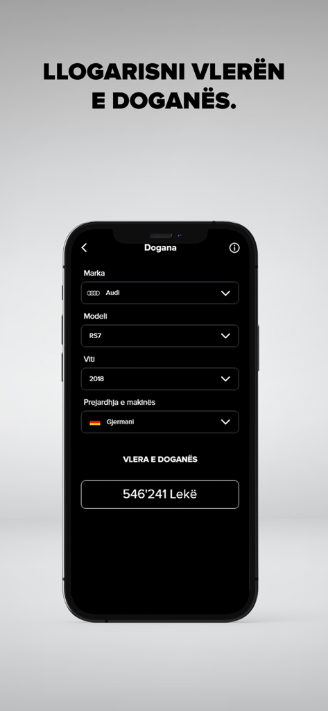 Makina Ime - Interfaz de la aplicación móvil Makina Ime que muestra la calculadora de impuestos de aduana para un Audi RS7 de 2018.