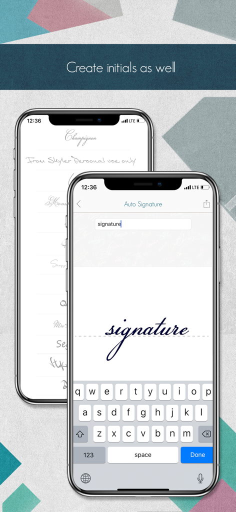 Autograph+ (Lite Version) - Autograph Plus app screen on iPhone showing the auto signature feature which converts typed text into a cursive digital signature
