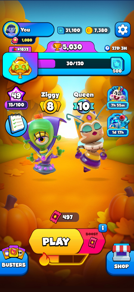 Main menu of Bubble Busters showing 3D characters Ziggy and Queen