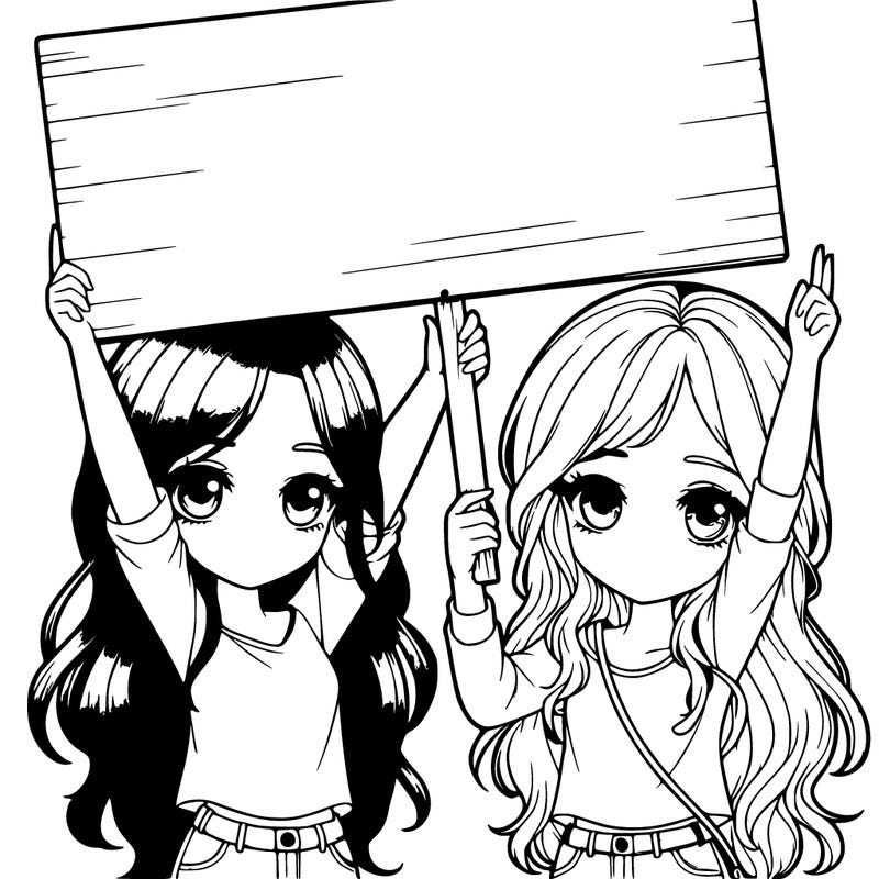 beautiful realistic  two girls holding up a  sign
