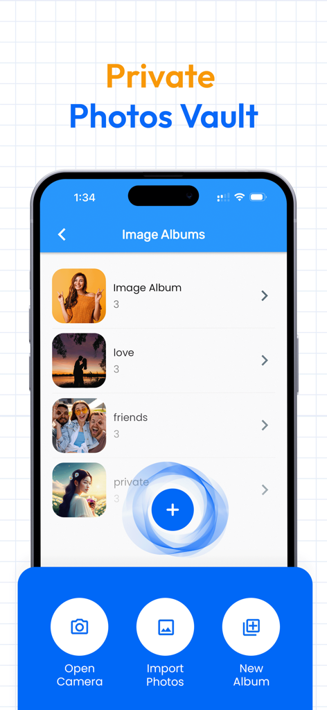 Calculator Lock - Secure Vault - 계산기 잠금 앱의 인터페이스로 개인 사진 앨범 및 미디어 관리 옵션을 표시합니다.