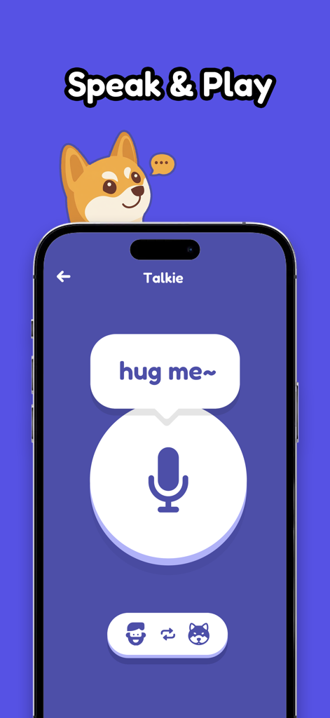 Interfaz de la aplicación Silbato para Perros que muestra la función de traductor de humano a ladrido Speak and Play.