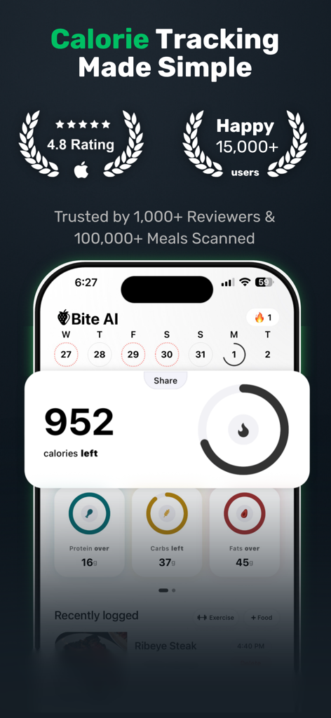 Bite AI: Photo Calorie Counter - Bite AI mobile app interface showing calorie and macro tracking with high user ratings
