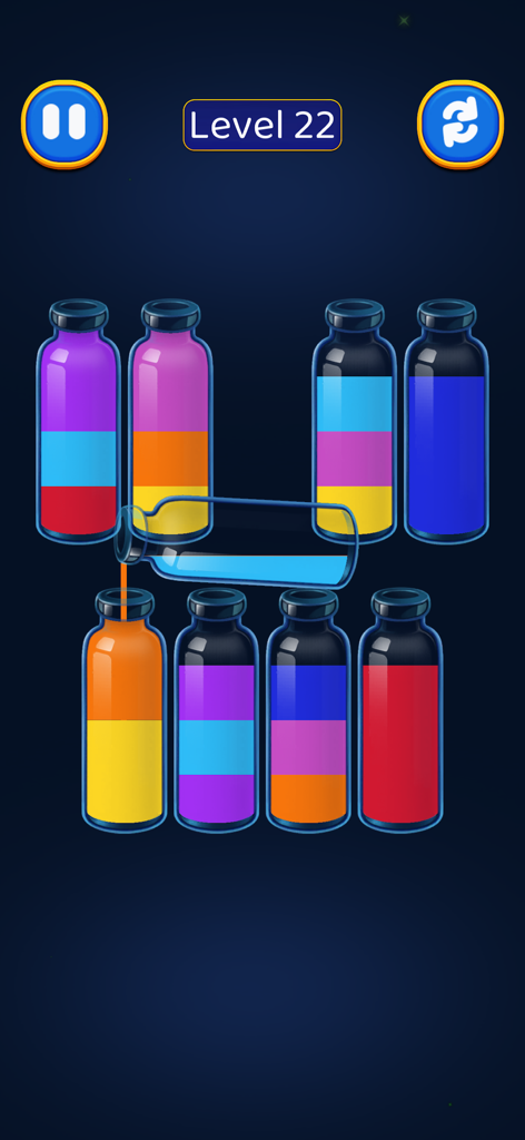 Water Sort Puzzle -Color Magic - Interfaz del juego móvil Water Sort Puzzle que muestra viales de vidrio llenos de capas de líquido de colores