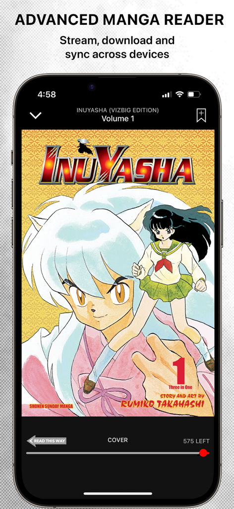 VIZ Manga app advanced reader interface showing Inuyasha Volume 1