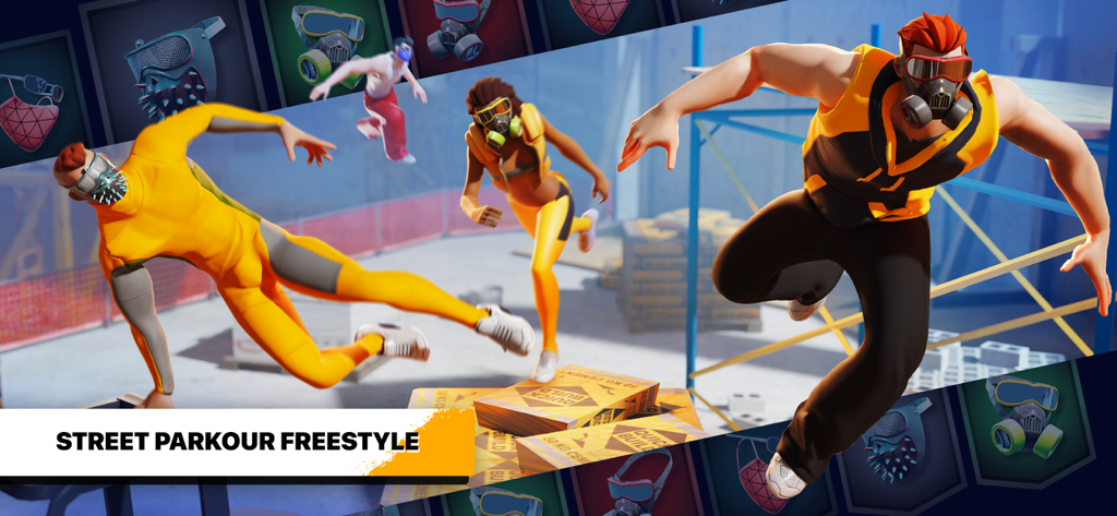 Parkour Simulator 3D: City Run - Personagens 3D realizando movimentos acrobáticos de estilo livre de parkour de rua com equipamentos personalizáveis