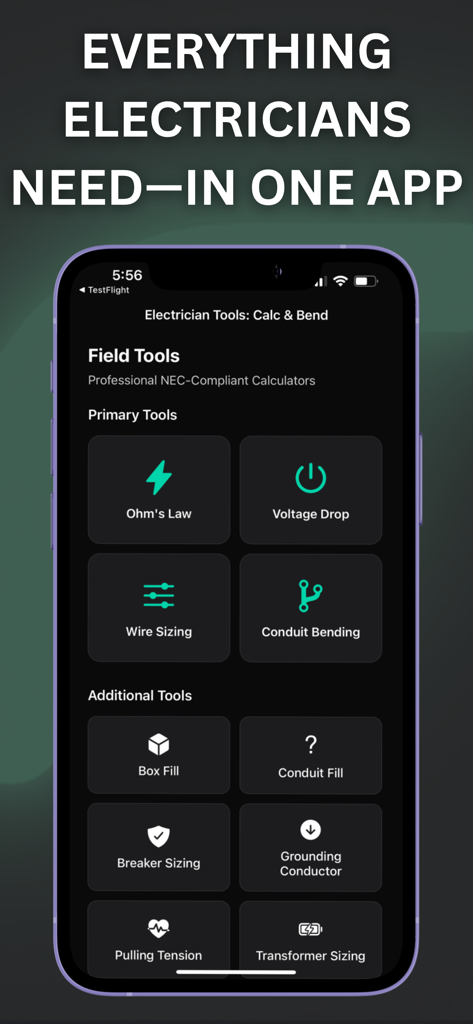 Dashboard der Elektriker-Werkzeuge App, das verschiedene elektrische Rechner anzeigt