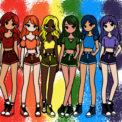 a group of girls wearing crop tops and shorts