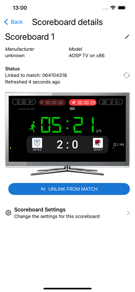 Whistle Time - Schermata dei dettagli del tabellone nell'app Whistle Time che mostra un display della partita digitale collegato