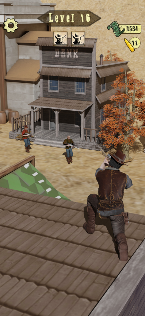 Wild West Sniper: Cowboy War - Cowboy-Scharfschütze zielt von einem Dach auf Feinde in der Nähe einer Bank in Wild West Sniper.