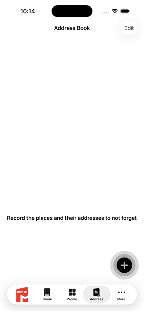 リスボン地下鉄マップアプリの空のアドレス帳画面。場所や住所を記録するためのプロンプトが表示されています。