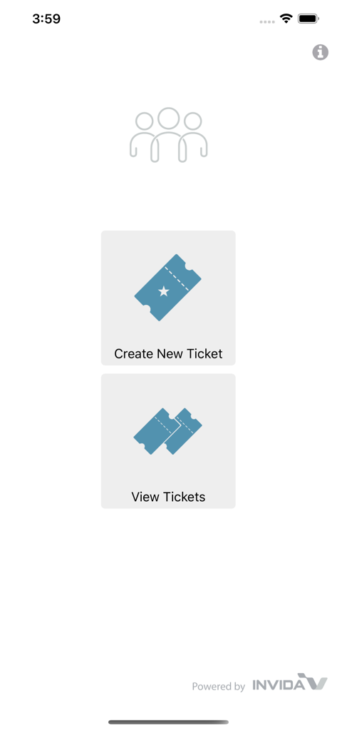 Invida Resolve - La pantalla de inicio de la aplicación Invida Resolve presenta dos opciones principales para crear un nuevo ticket o ver tickets existentes