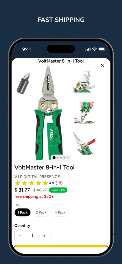 V.I.P Digital Presence - VoltMaster 8-in-1 multi-tool product page with pricing and ratings in the V.I.P Digital Presence app