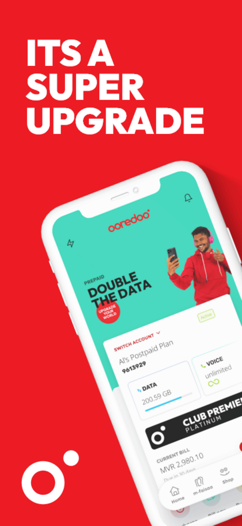 Ooredoo Maldives mobile app interface showing postpaid plan details and data usage tracking
