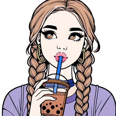 realistic girl with braided hair drinking boba