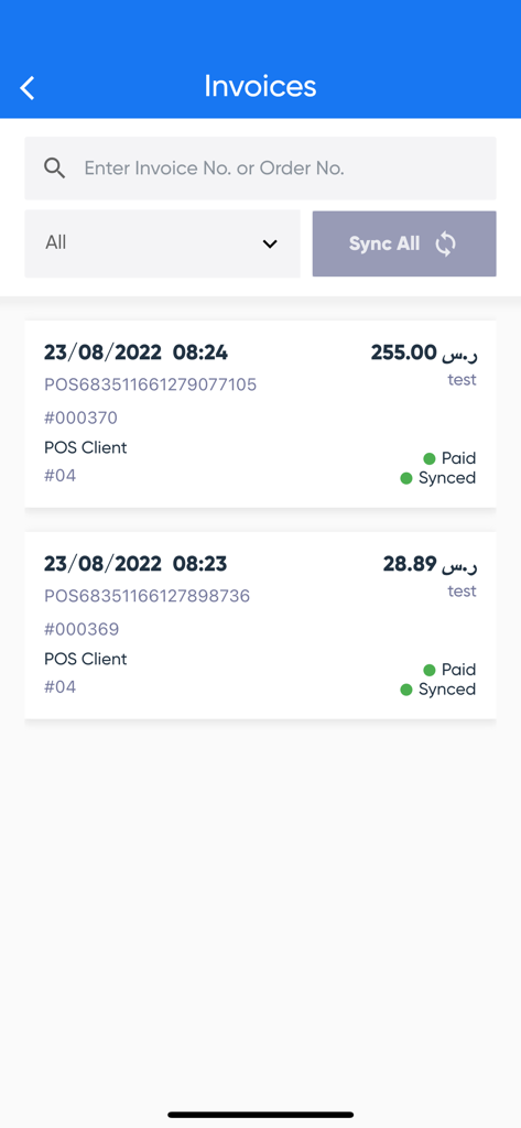 Mobile App-Bildschirm mit einer Liste von Einzelhandelsrechnungen mit bezahltem und synchronisiertem Status