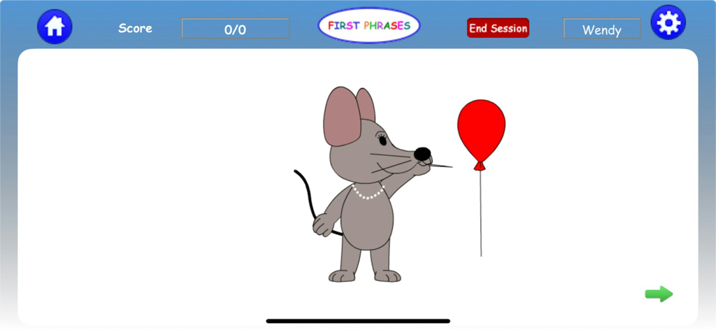 First Phrases HD - Cartoon mouse character next to a red balloon in the First Phrases HD speech therapy app interface