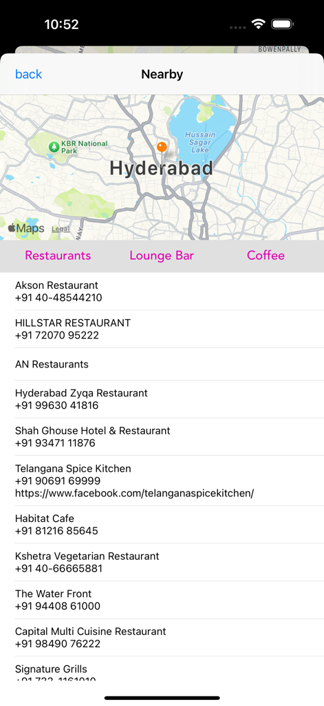 Boracay - Island Guide - Nearby restaurants screen with a map and list of local eateries including phone numbers