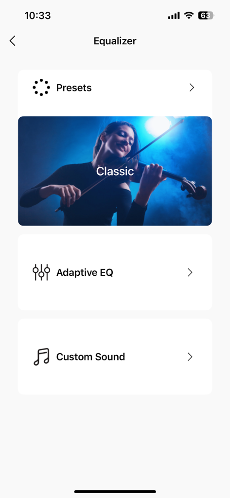 SOUNDPEATS app equalizer screen with presets adaptive EQ and custom sound options