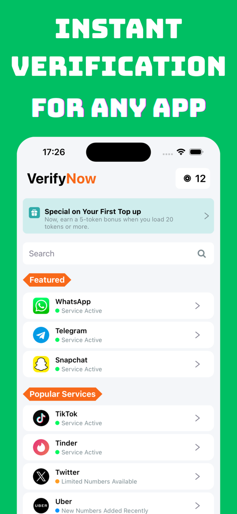 Virtual Number - Receive SMS - Capture d'écran de l'application Virtual Number affichant une liste de services populaires comme WhatsApp et TikTok pour la vérification SMS instantanée