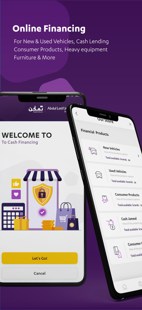 Alj Finance mobile app interface showing financing options for new and used vehicles