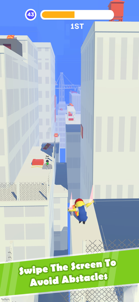 Parkour Race - Fun Run Games - A character jumping between high-rise buildings in a 3D parkour racing game.
