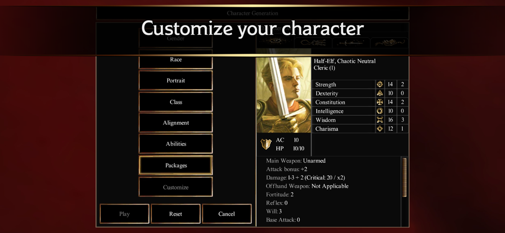 Character creation menu in Neverwinter Nights showing stats for a Half-Elf Cleric