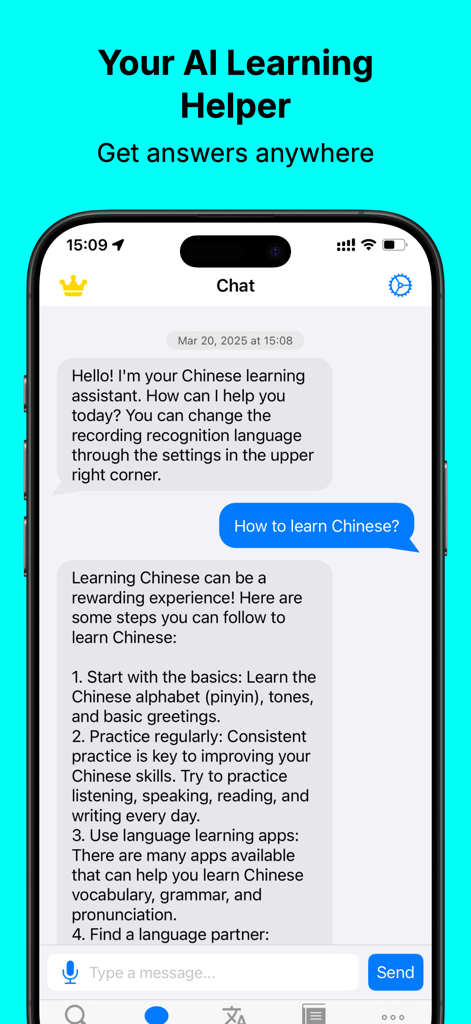 A screenshot of the Pinyin Helper app showing an AI assistant providing tips on how to learn Chinese.