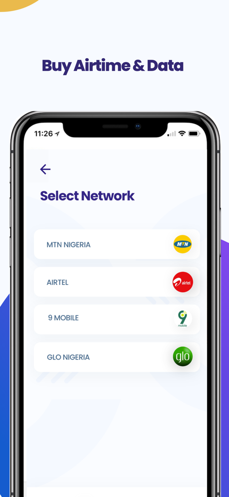 NPF Microfinance Bank - Pantalla de la aplicación móvil de NPF Microfinance Bank para comprar tiempo aire y datos que muestran opciones de redes nigerianas.