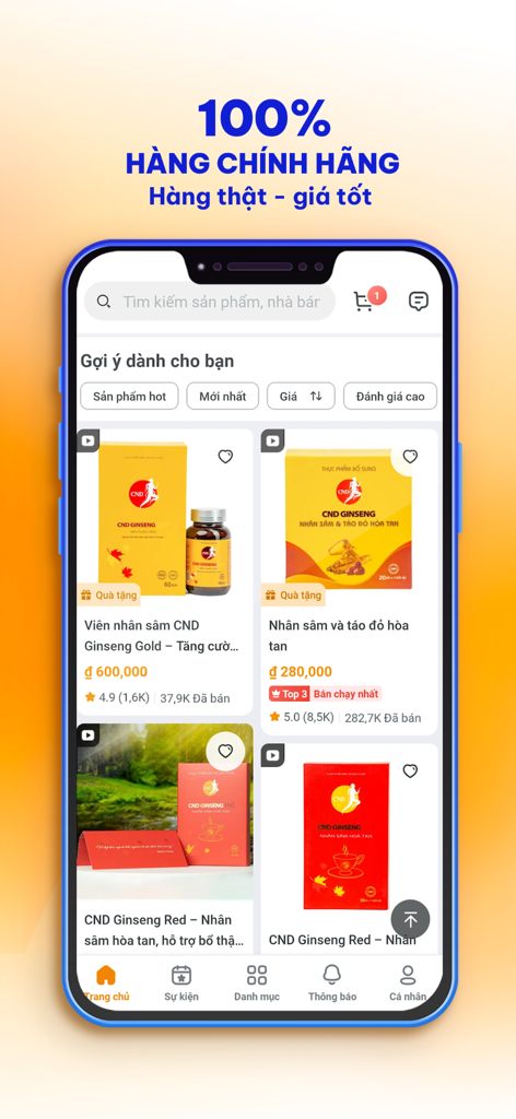 Droppii Mall - Droppii Mall app interface showing a list of authentic health supplements and ginseng products.