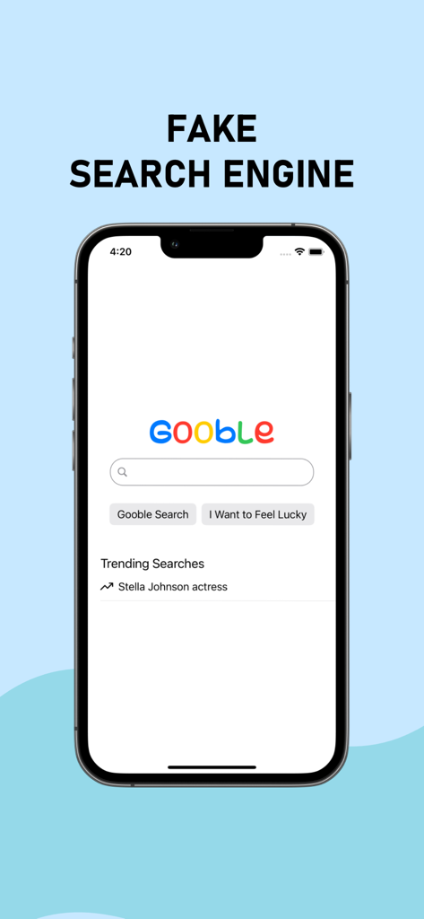 Fake Gooble Search Prank - Interface of the Fake Gooble Search Prank app showing a parody search engine home page.