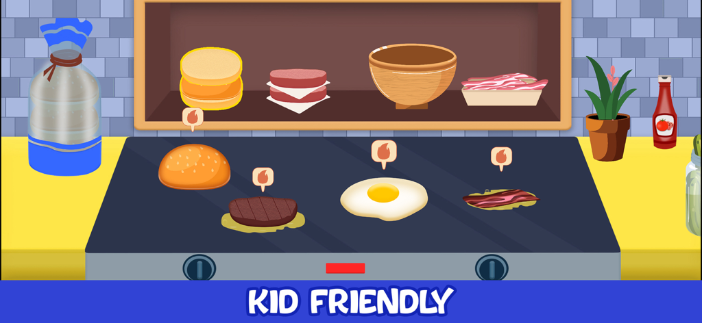 Cooking games for children 2+ - Interfaz de juego de cocina para niños que muestra un pan de hamburguesa, una carne y un huevo cocinándose en una parrilla