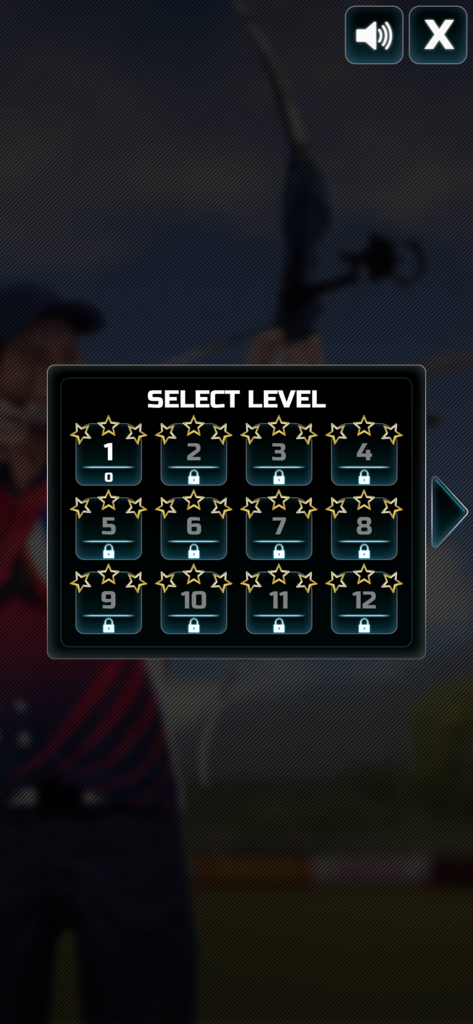 Level selection menu in Archery King Multiplayer showing locked stages and star ratings