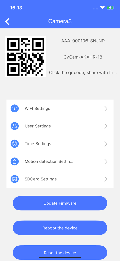 Écran de l'application VI365 affichant les paramètres de la caméra IP, y compris le WiFi, la détection de mouvement et les options de gestion de l'appareil.