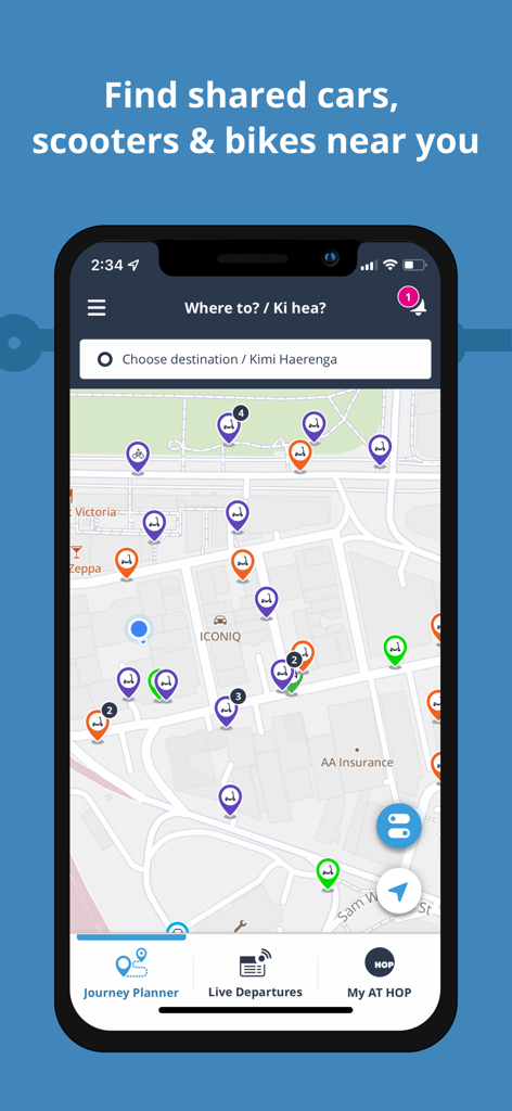 AT Mobile - Capture d'écran de l'application AT Mobile montrant une carte avec les emplacements en temps réel des voitures, trottinettes et vélos partagés à Auckland.