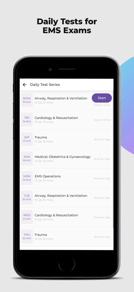 EMS Prep by Achieve - Daily test series screen in the EMS Prep app showing scheduled practice quizzes for trauma cardiology and airway management
