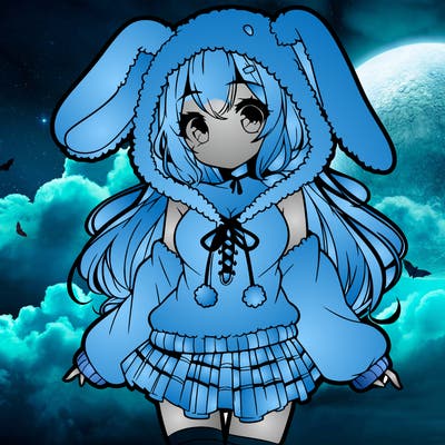 pretty anime girl wearing a fluffy hoodie with bunny ears on the hood and a skirt