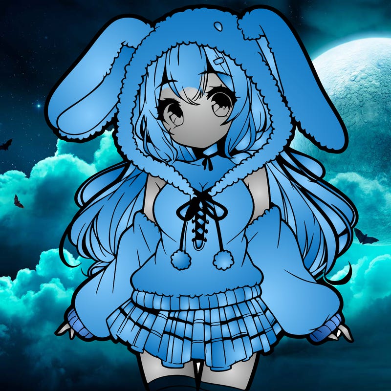 pretty anime girl wearing a fluffy hoodie with bunny ears on the hood and a skirt