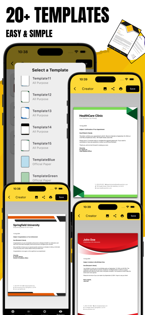AI Letterhead Maker App - Mobile app interface showing professional letterhead templates for healthcare, education, and business use.