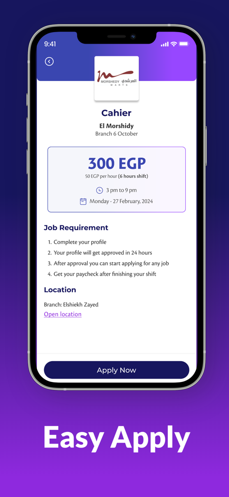 Flexijob - Flexible Shifts - Interfaz de la app Flexijob que muestra la lista de un turno de cajero con detalles de pago y horario.