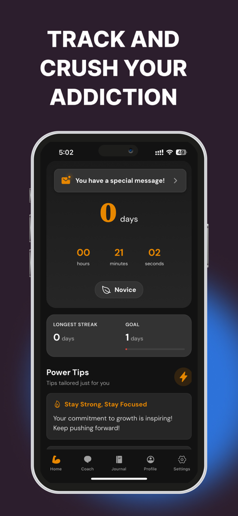 Fortify: Quit Porn Addiction - Interfaz de la aplicación móvil que muestra un contador de rachas de sobriedad con seguimiento del tiempo y consejos de motivación