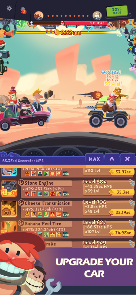 Clicker Racing - A screenshot showing the car upgrade menu in the mobile game Clicker Racing