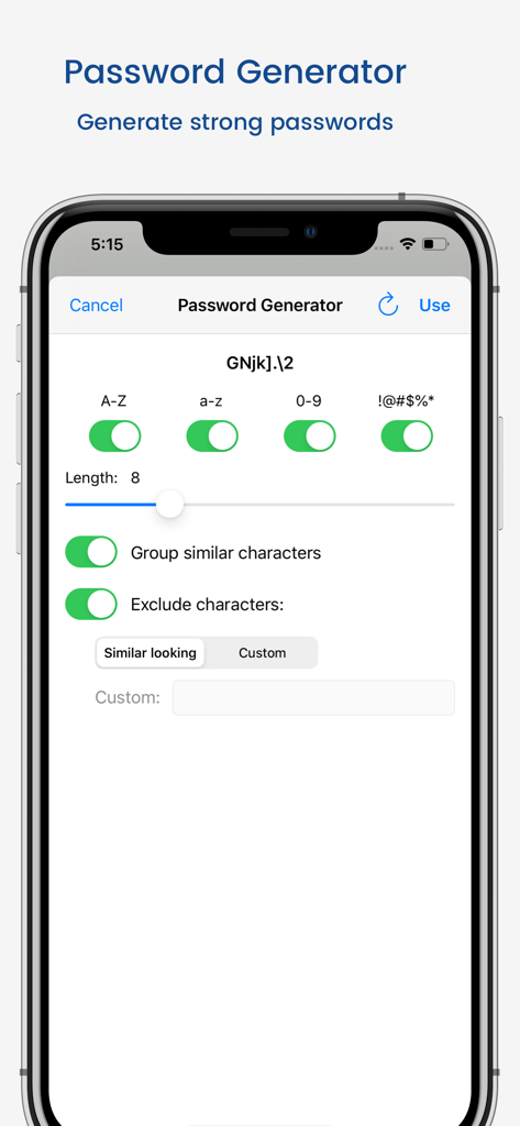 Screenshot of the aWallet Password Manager app showing the password generator feature with custom character settings and length slider