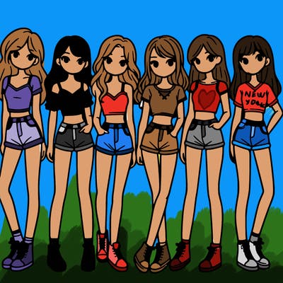 a group of girls wearing crop tops and shorts