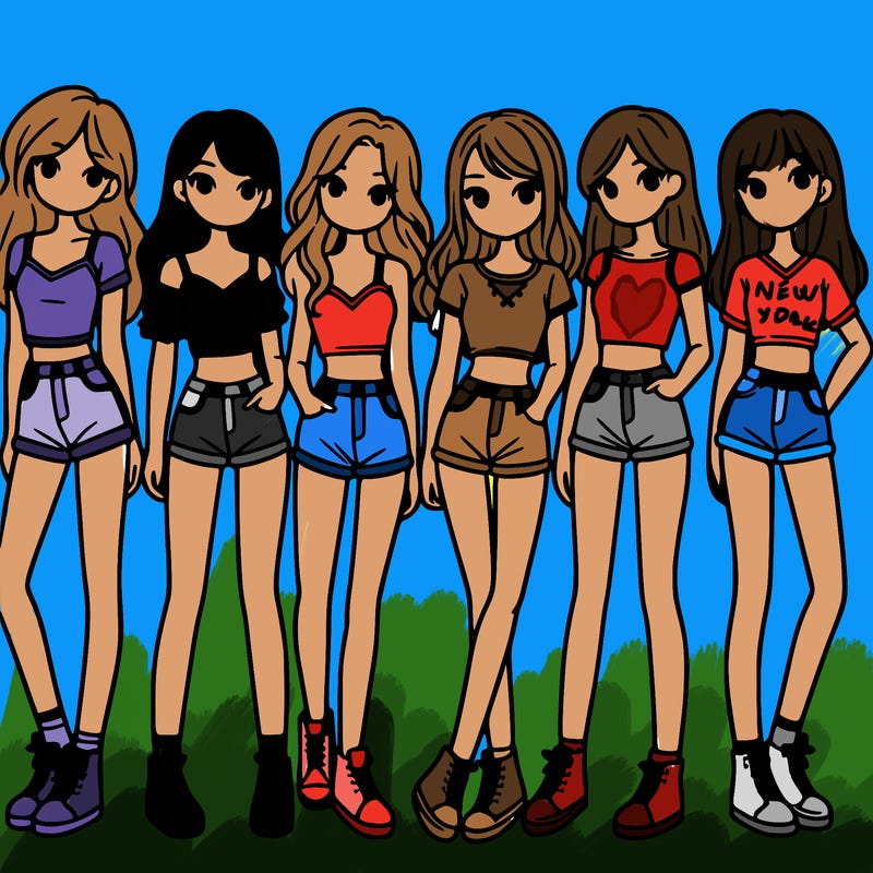 a group of girls wearing crop tops and shorts